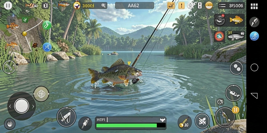 Screenshot gameplay AA62 menampilkan aksi memancing yang mendebarkan.