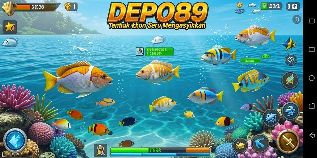 Screenshot gameplay DEPO89 saat menembak ikan berwarna-warni.
