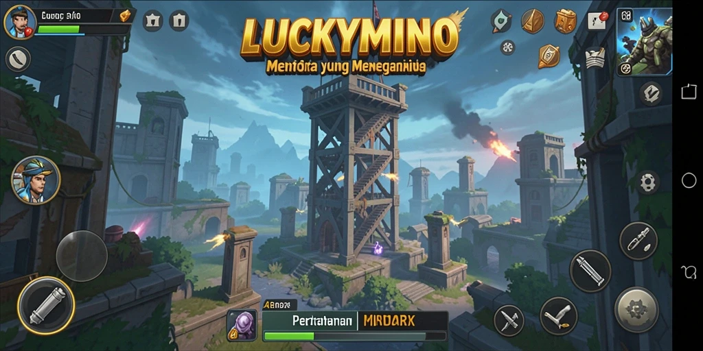 Tampilan gameplay menarik dari LUCKYMINO dengan menara pertahanan yang beragam.
