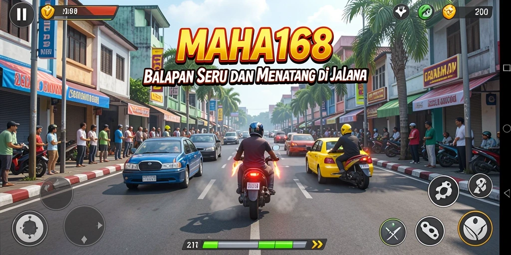 Tampilan utama gameplay <strong>MAHA168</strong> menunjukkan aksi balapan yang seru dan mendebarkan.