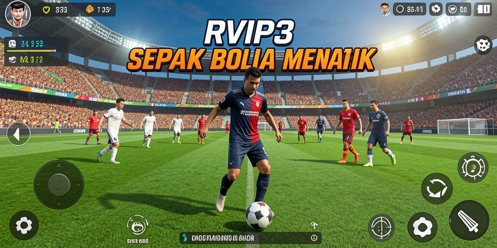 Screenshot utama RVIP3 menampilkan aksi seru di lapangan sepak bola.