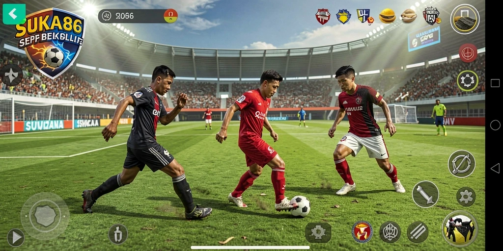 Tampilan gameplay seru dalam SUKA86 dengan aksi sepak bola menarik.