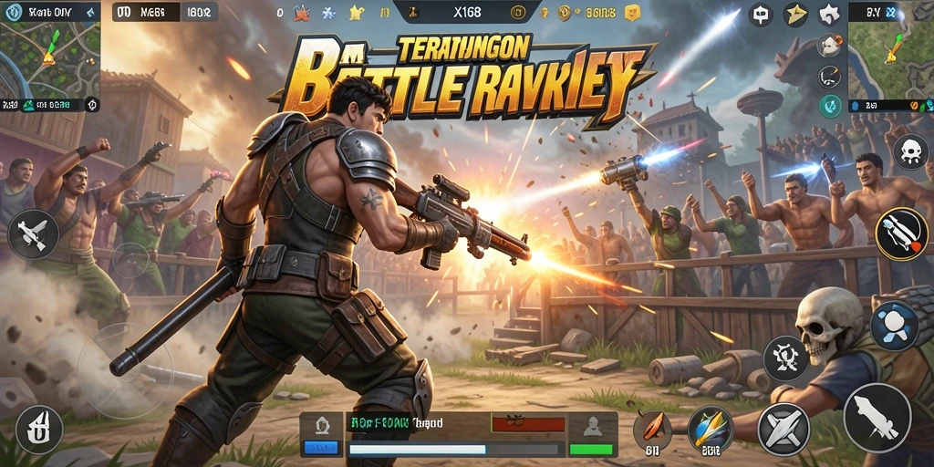 Tangkapan layar utama X168 menunjukkan aksi seru dalam pertarungan Battle Royale.